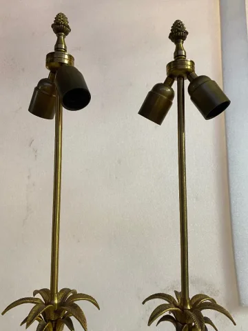 1970′ Paire De Lampes En Bronze Style Maison Charles Avec Oeuf En Bakélite Couleur Ambrée