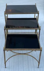 1970′ Series of 3 Nesting Tables Maison Baguès Model Bamboo Gilt Bronze 3 Black Opaline Trays