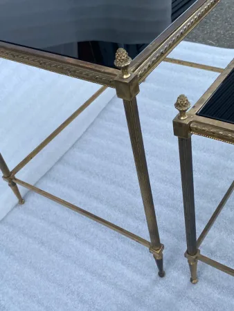 1970′ Series of 3 Nesting Tables Maison Baguès Model Bamboo Gilt Bronze 3 Black Opaline Trays