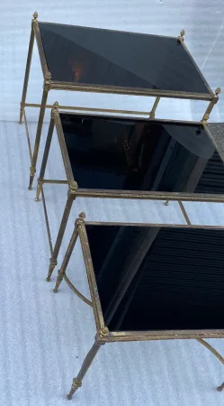 1970′ Series of 3 Nesting Tables Maison Baguès Model Bamboo Gilt Bronze 3 Black Opaline Trays