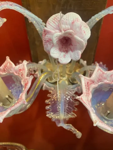 1950/70′ Murano Chandelier with 6 Arms of Light in Opalescent Blue Glass and Pink Glass Paste And Its Pair of Sconces