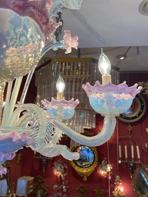 1950/70′ Murano Chandelier with 6 Arms of Light in Opalescent Blue Glass and Pink Glass Paste And Its Pair of Sconces