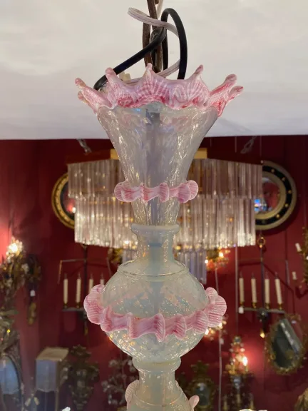 1950/70′ Lustre Murano à 6 Bras de Lumière en Verre Bleu Opalescent et Pâte de Verre Rose Et Sa paire d’Appliques