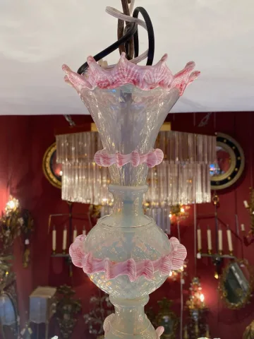 1950/70′ Murano Chandelier with 6 Arms of Light in Opalescent Blue Glass and Pink Glass Paste And Its Pair of Sconces
