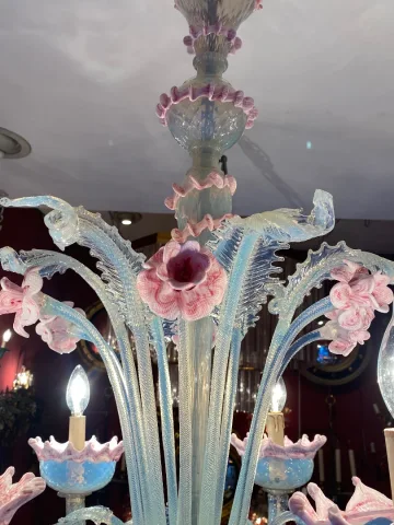 1950/70′ Murano Chandelier with 6 Arms of Light in Opalescent Blue Glass and Pink Glass Paste And Its Pair of Sconces