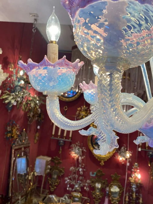 1950/70′ Murano Chandelier with 6 Arms of Light in Opalescent Blue Glass and Pink Glass Paste And Its Pair of Sconces