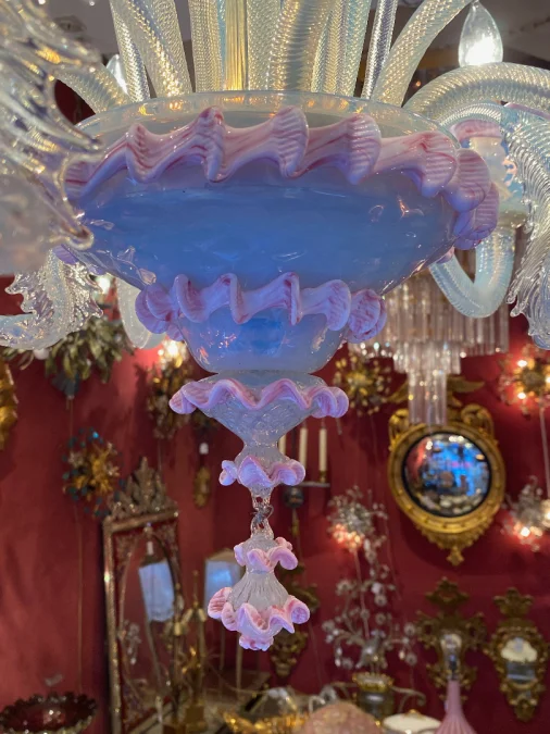 1950/70′ Murano Chandelier with 6 Arms of Light in Opalescent Blue Glass and Pink Glass Paste And Its Pair of Sconces