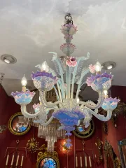 1950/70′ Murano Chandelier with 6 Arms of Light in Opalescent Blue Glass and Pink Glass Paste And Its Pair of Sconces