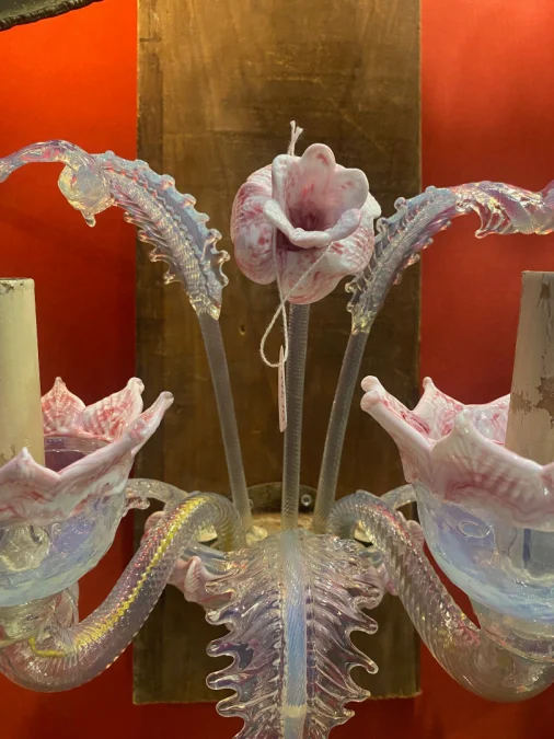 1950/70′ Murano Chandelier with 6 Arms of Light in Opalescent Blue Glass and Pink Glass Paste And Its Pair of Sconces