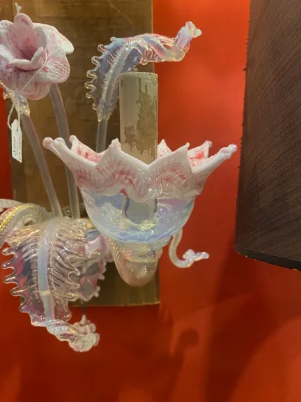 1950/70′ Lustre Murano à 6 Bras de Lumière en Verre Bleu Opalescent et Pâte de Verre Rose Et Sa paire d’Appliques