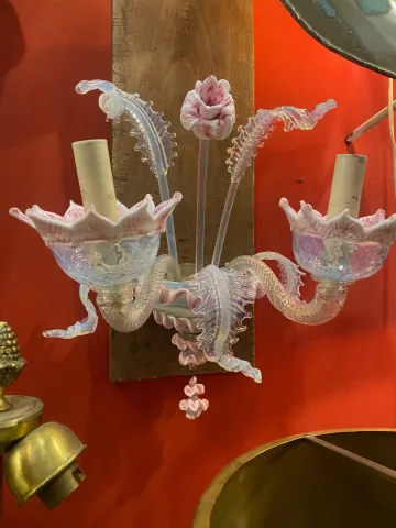 1950/70′ Murano Chandelier with 6 Arms of Light in Opalescent Blue Glass and Pink Glass Paste And Its Pair of Sconces