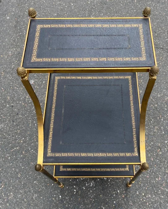 1970′ Maison Baguès 3-Tier Staircase Shelf in Brass and Gold-Gilded Leather Trays