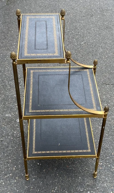 1970′ Maison Baguès 3-Tier Staircase Shelf in Brass and Gold-Gilded Leather Trays