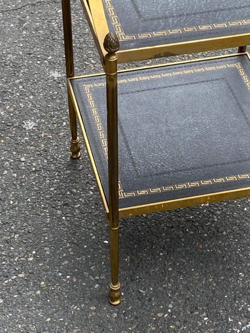 1970′ Maison Baguès 3-Tier Staircase Shelf in Brass and Gold-Gilded Leather Trays