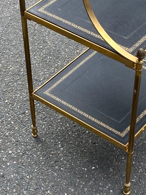 1970′ Maison Baguès 3-Tier Staircase Shelf in Brass and Gold-Gilded Leather Trays