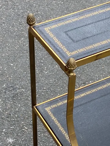1970′ Maison Baguès 3-Tier Staircase Shelf in Brass and Gold-Gilded Leather Trays