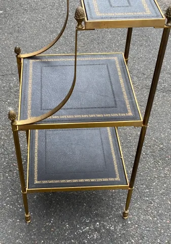 1970′ Maison Baguès 3-Tier Staircase Shelf in Brass and Gold-Gilded Leather Trays