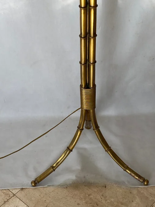 1950/70 Lampadaire en Bronze Doré Maison Bagués Modèle Palmier 3 Tiges Decor Bambou