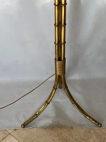1950/70 Lampadaire en Bronze Doré Maison Bagués Modèle Palmier 3 Tiges Decor Bambou