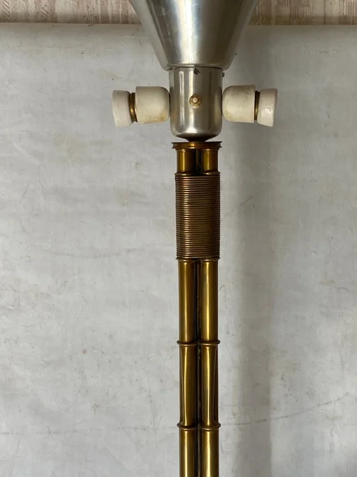 1950/70 Lampadaire en Bronze Doré Maison Bagués Modèle Palmier 3 Tiges Decor Bambou
