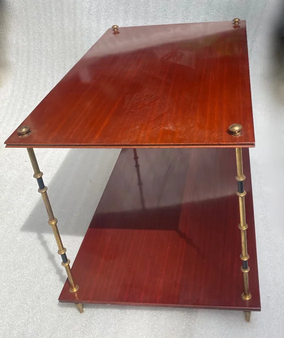 1950′ Pair of Maison Baguès Tables Bamboo Decor in Two-tone Bronze With Mahogany Tops