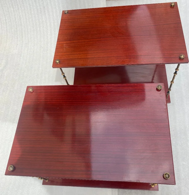 1950′ Pair of Maison Baguès Tables Bamboo Decor in Two-tone Bronze With Mahogany Tops