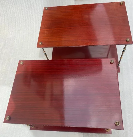1950′ Pair of Maison Baguès Tables Bamboo Decor in Two-tone Bronze With Mahogany Tops