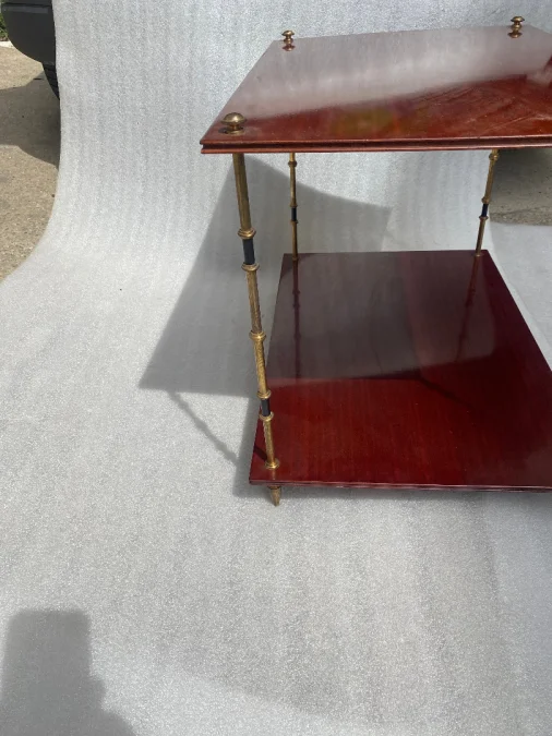 1950′ Pair of Maison Baguès Tables Bamboo Decor in Two-tone Bronze With Mahogany Tops