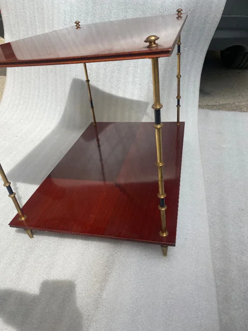 1950′ Pair of Maison Baguès Tables Bamboo Decor in Two-tone Bronze With Mahogany Tops