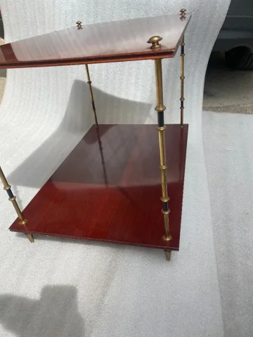1950′ Pair of Maison Baguès Tables Bamboo Decor in Two-tone Bronze With Mahogany Tops