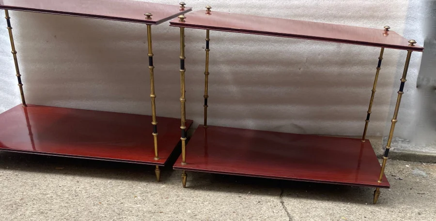 1950′ Pair of Maison Baguès Tables Bamboo Decor in Two-tone Bronze With Mahogany Tops