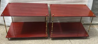 1950′ Paire de Tables Maison Baguès Décor Bambou en Bronze Bicolore Avec Plateaux Acajou