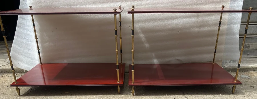 1950′ Pair of Maison Baguès Tables Bamboo Decor in Two-tone Bronze With Mahogany Tops