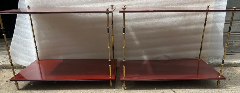 1950′ Paire de Tables Maison Baguès Décor Bambou en Bronze Bicolore Avec Plateaux Acajou