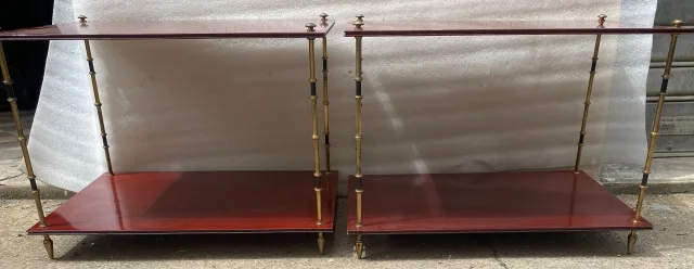 1950′ Pair of Maison Baguès Tables Bamboo Decor in Two-tone Bronze With Mahogany Tops
