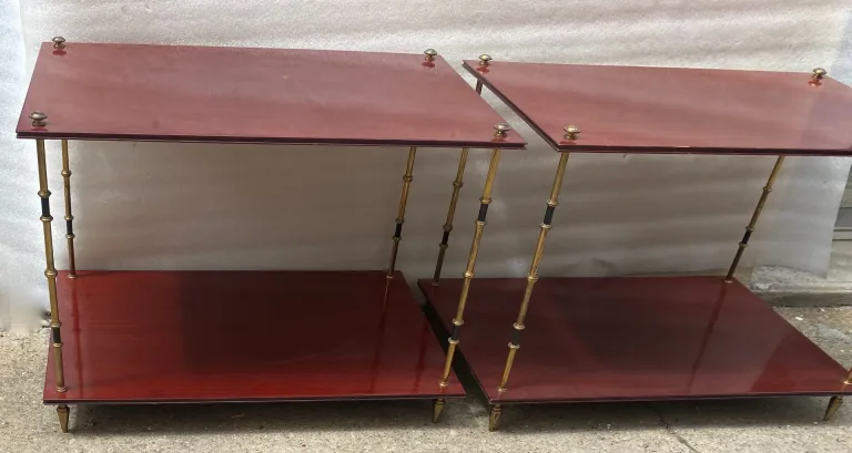 1950′ Paire de Tables Maison Baguès Décor Bambou en Bronze Bicolore Avec Plateaux Acajou