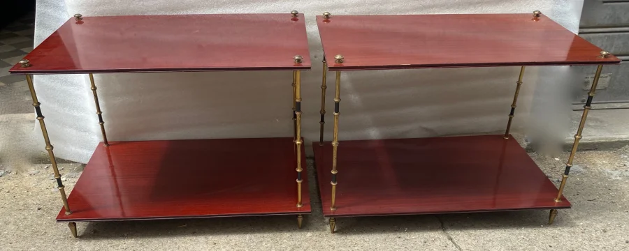 1950′ Pair of Maison Baguès Tables Bamboo Decor in Two-tone Bronze With Mahogany Tops