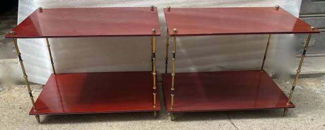 1950′ Pair of Maison Baguès Tables Bamboo Decor in Two-tone Bronze With Mahogany Tops