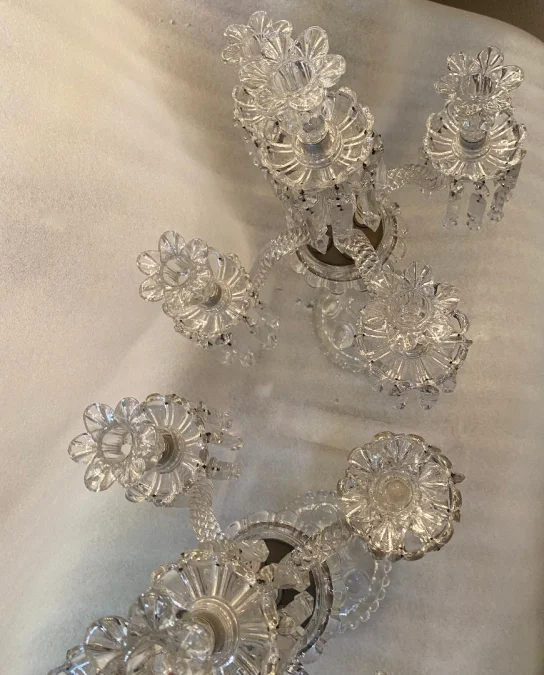 1950′ Pair of 4 Branch Candlesticks with Beaded Bases and Signed In Relief BACCARAT