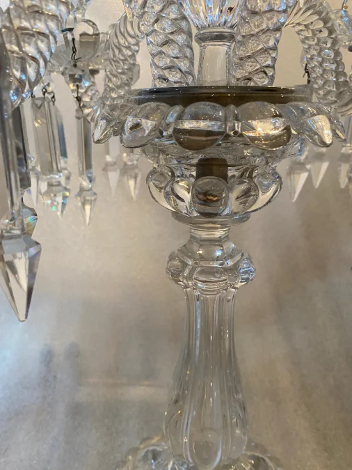 1950′ Pair of 4 Branch Candlesticks with Beaded Bases and Signed In Relief BACCARAT
