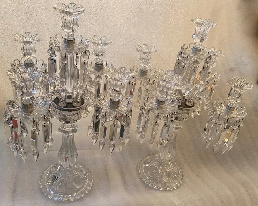 1950′ Pair of 4 Branch Candlesticks with Beaded Bases and Signed In Relief BACCARAT