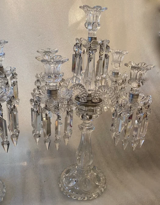 1950′ Pair of 4 Branch Candlesticks with Beaded Bases and Signed In Relief BACCARAT
