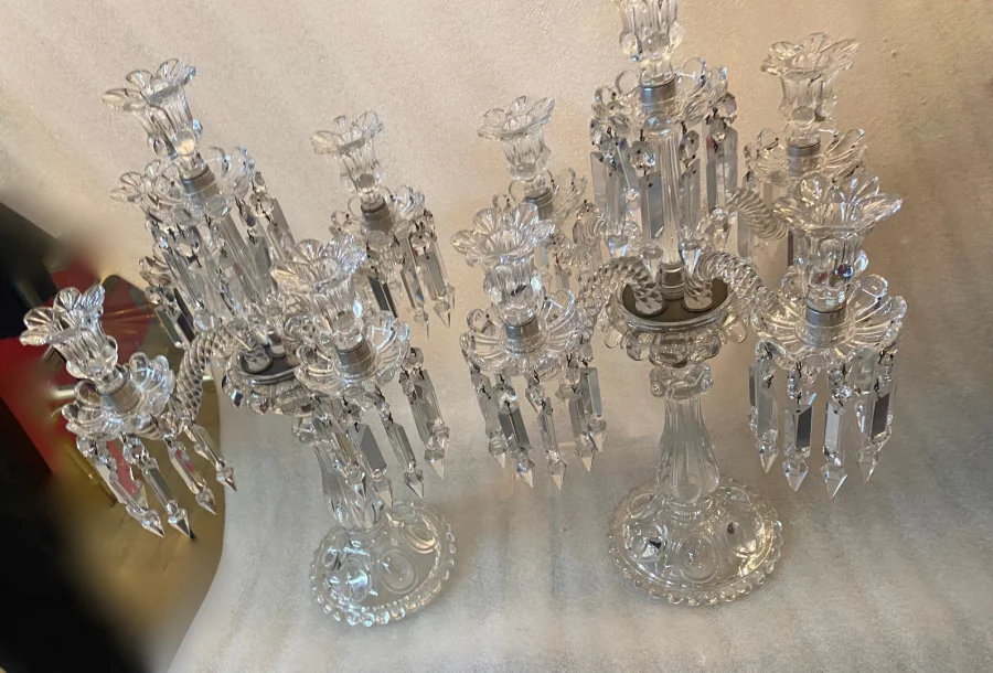 1950′ Pair of 4 Branch Candlesticks with Beaded Bases and Signed In Relief BACCARAT