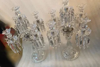 1950′ Pair of 4 Branch Candlesticks with Beaded Bases and Signed In Relief BACCARAT
