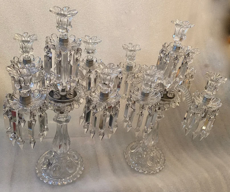 1950′ Pair of 4 Branch Candlesticks with Beaded Bases and Signed In Relief BACCARAT