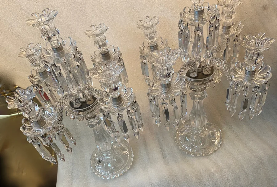 1950′ Pair of 4 Branch Candlesticks with Beaded Bases and Signed In Relief BACCARAT