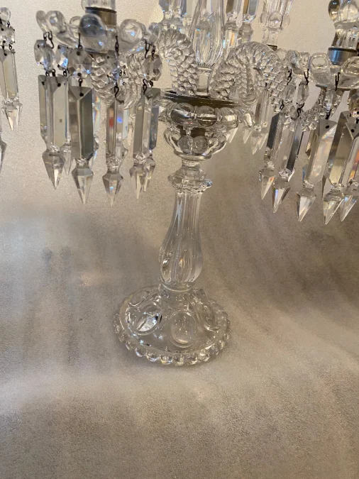 1950′ Pair of 4 Branch Candlesticks with Beaded Bases and Signed In Relief BACCARAT