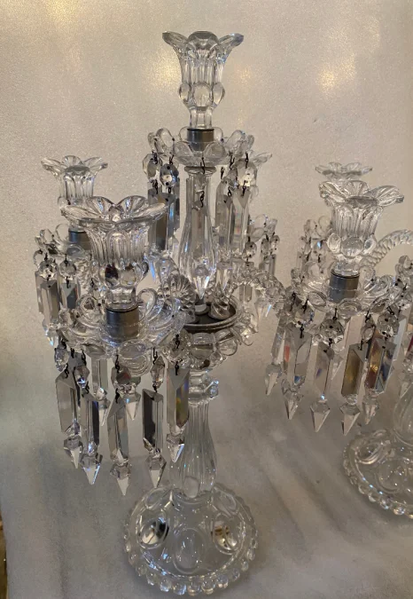 1950′ Pair of 4 Branch Candlesticks with Beaded Bases and Signed In Relief BACCARAT