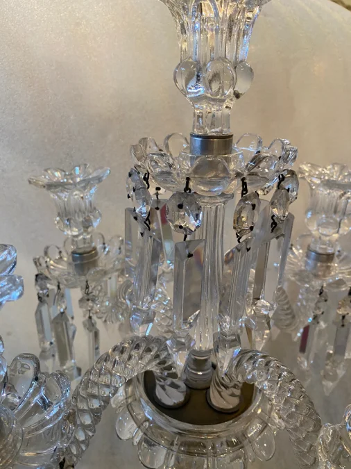 1950′ Pair of 4 Branch Candlesticks with Beaded Bases and Signed In Relief BACCARAT