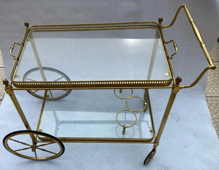 1950/70 Maison Jansen Rolling Trolley In Brass And Gilt Bronze Pine Cones